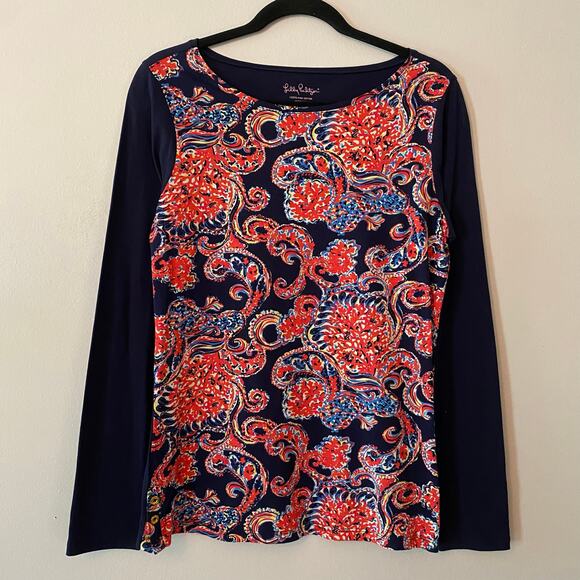 Lilly Pulitzer Women's size Medium Navy Blue Paisley Colorful Long Sleeve Shirt - Picture 1 of 10